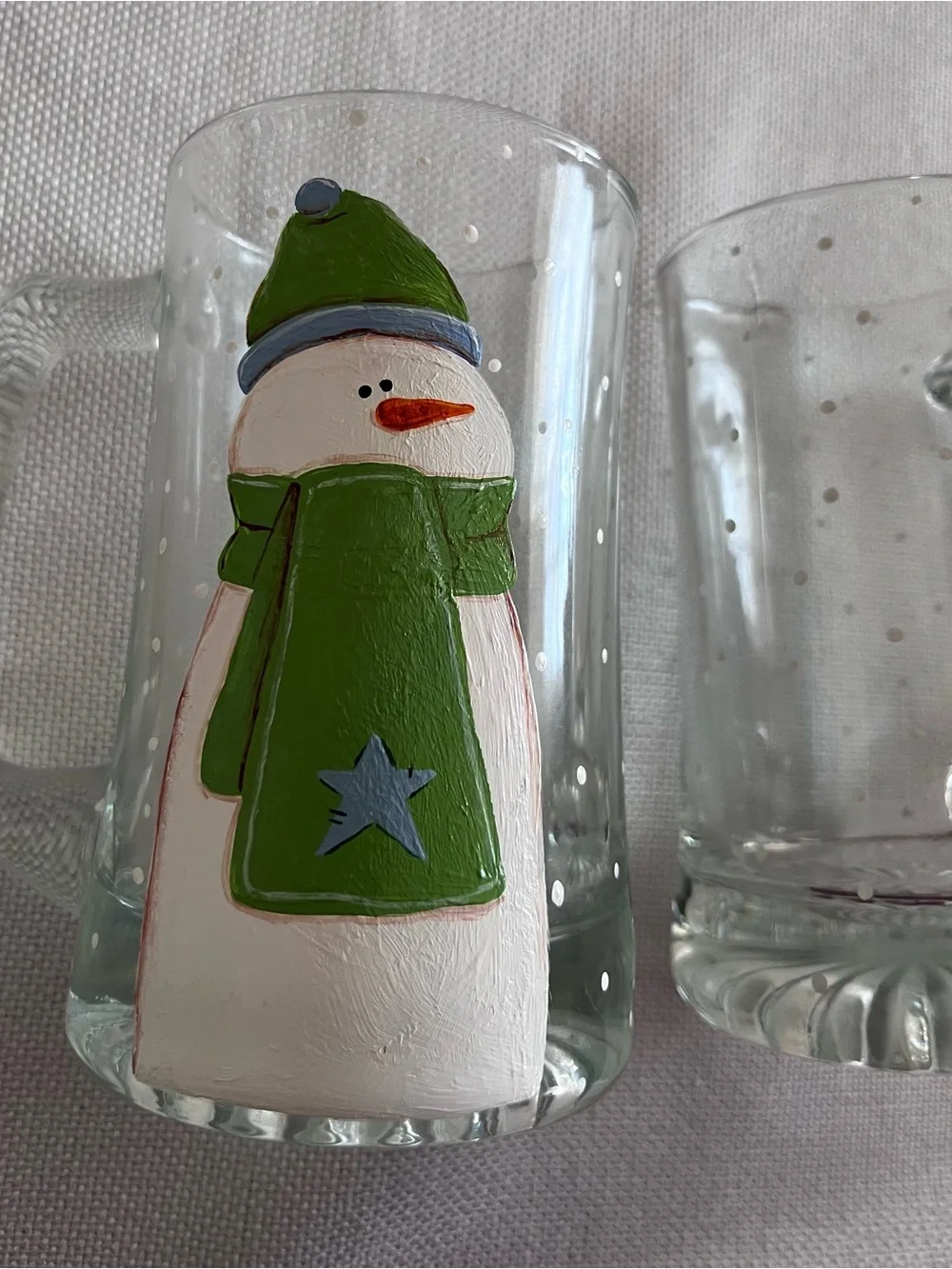 Hand-Painted Snowman Glass Mugs - Green & Blue Accents